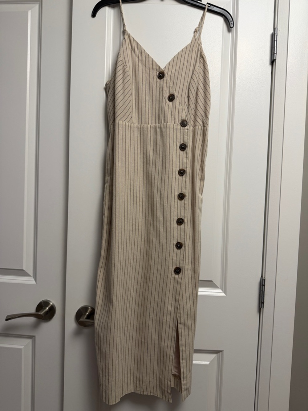 Mystree Beige Pinstripe Button-Front Midi Dress